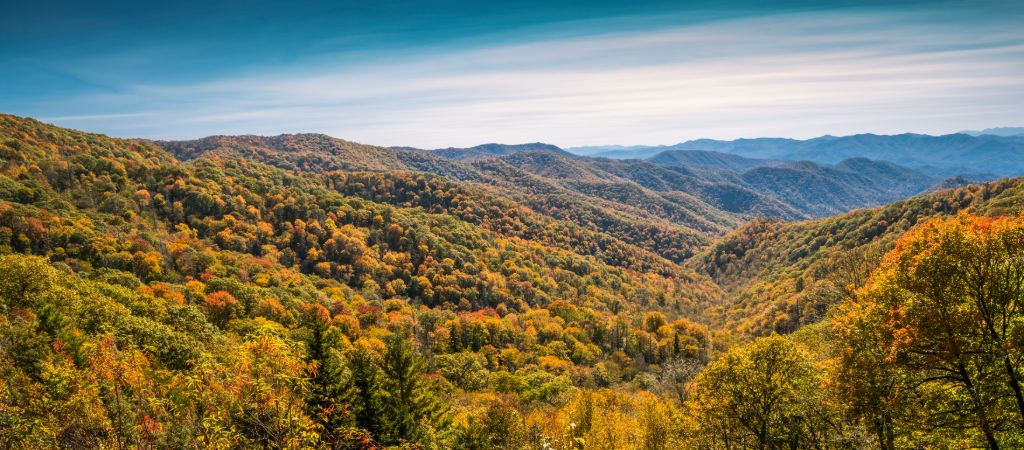 Beautiful Smoky Mountain view with rolling peaks and dipping valleys sprinkled with fall colors.