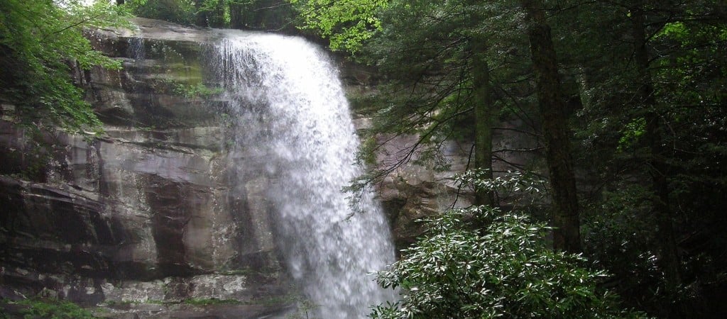 Програма ChatGPT сказала:  A tall waterfall plunging down a rocky cliff near Mount Le Conte in Great Smoky Mountains National Park.