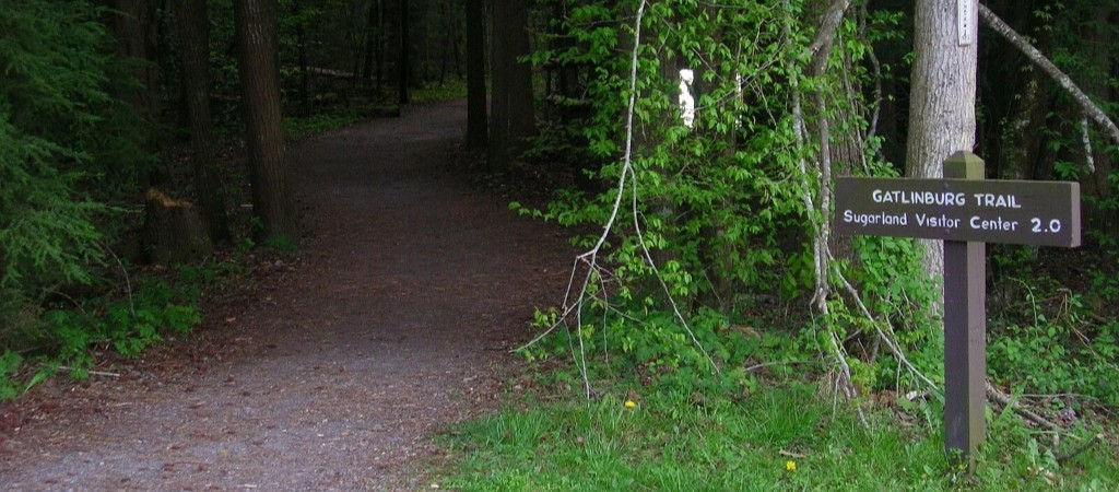 Trailhead sign for the Gatlinburg Trail in Great Smoky Mountains National Park.