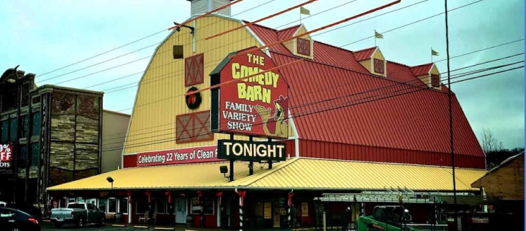 The Comedy Barn Theater exterior in Pigeon Forge, known for its clean, family-friendly comedy performances and variety entertainment.