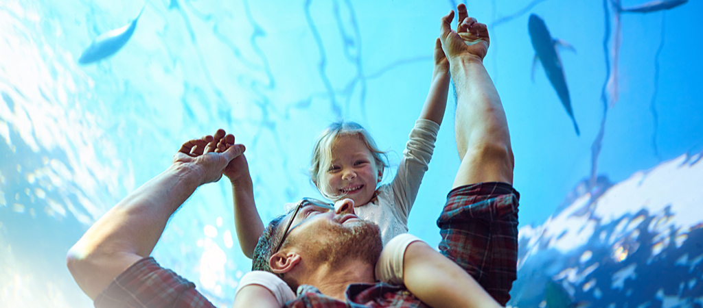 A small girl sits on her dad's shoulders while smiling at the camera inside a shark tunnel.
