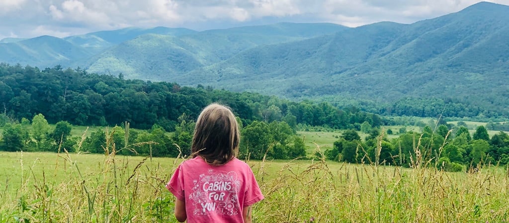 Young Girl Overlooks the Smoky Mountains A young girl looks out to a stunning Smoky Mountain view, with rolling valleys, lush trees, and towering peaks on a summer day.