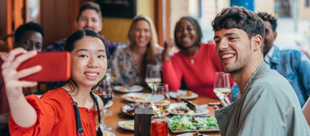Young Group Taking Selfie at a Restaurant